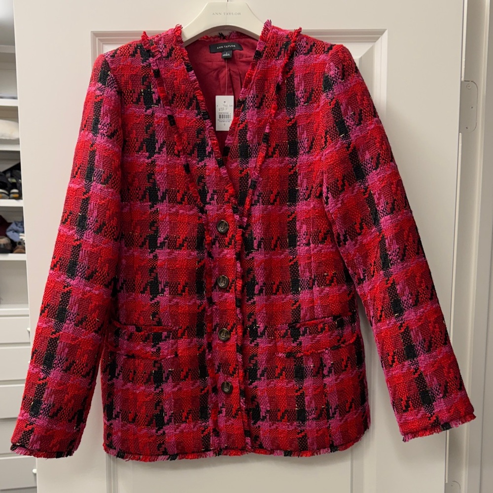 Ann Taylor Red and Black Plaid Blazer
